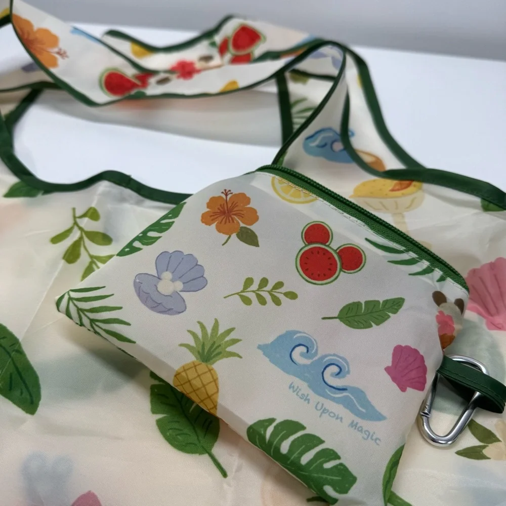 Reusable Packable Tote Bag In Pouch Seashells Palm Leaves Flowers Travel